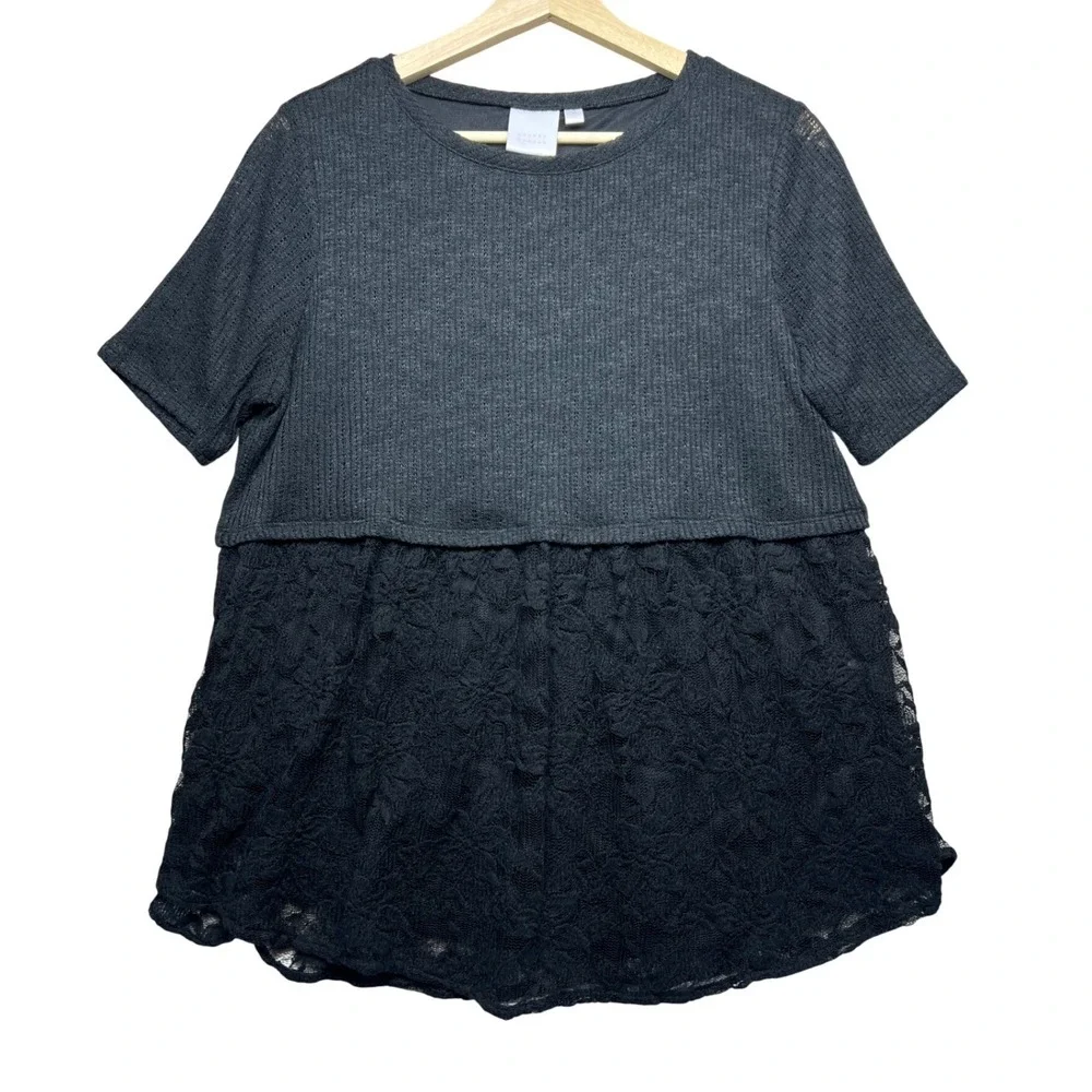 Lauren Conrad Black Lace Overlay Knit Top‎ Short Sleeve Boho Whimsigoth Size L